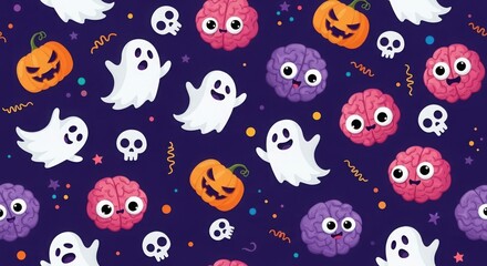 Cute halloween pattern with pumpkins, ghosts, brains and skulls cartoon background