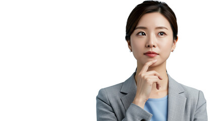 Young ethnically ambiguous woman in business attire, hand near chin, conveying breakthrough insight in a clean studio with blue and grey background. Concept of intellectual breakthrough and strategic