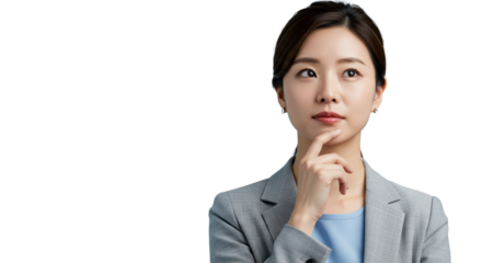 Young ethnically ambiguous woman in business attire, hand near chin, conveying breakthrough insight in a clean studio with blue and grey background. Concept of intellectual breakthrough and strategic
