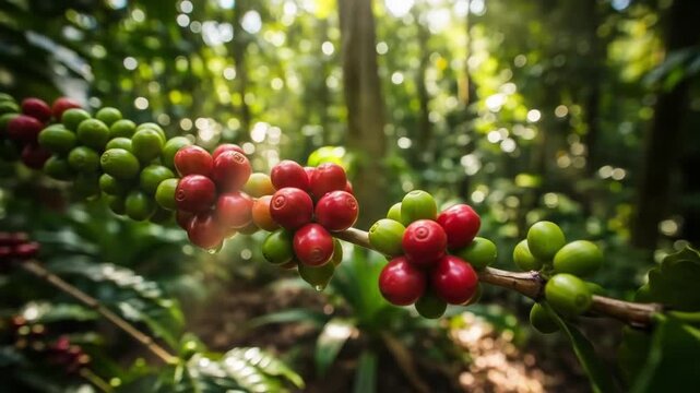 Ripe Coffee Cherries on Branch in Lush Forest.