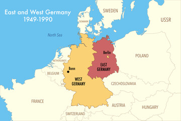 Fototapeta premium Map of East and West Germany 1949–1990 – Cold War Division of Germany