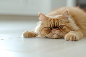 Adorable Persian Cat Lying on Floor, Fluffy Fur, Golden Color