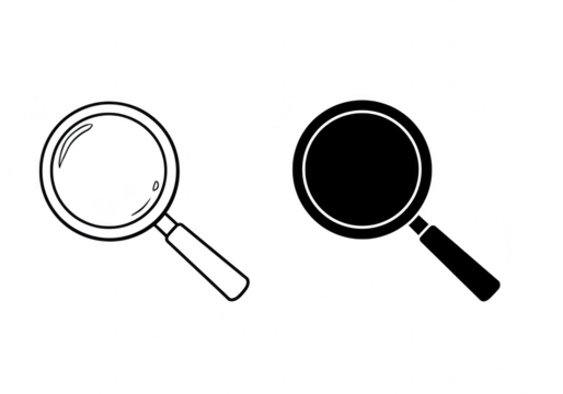 Magnifying glass icon in outline and silhouette isolated on white isolated on transparent background