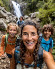 Fototapeta premium Portrait of smiling woman with family in the background at a waterfall