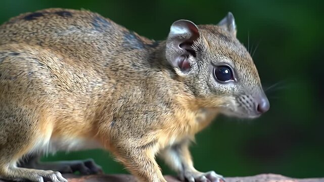 Curious Elephant Shrew (Sengi) Close-up in Lush Green Forest Environment