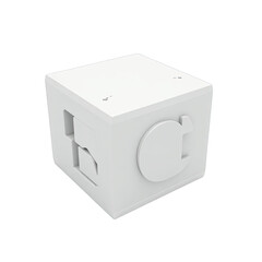 White cube with intricate design elements.