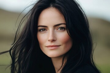 Naklejka premium Beautiful woman with long dark hair smiling outdoors