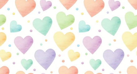 Pastel hearts pattern with a variety of different colors on a white backdrop for a loving or whimsical design aesthetic.