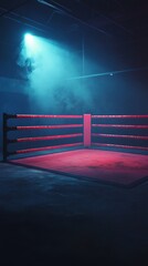 Boxing ring in dimly lit room with red fence.