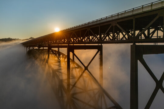 New River Gorge Bridge, West Virginia, Sunrise Fog - Powered by Adobe