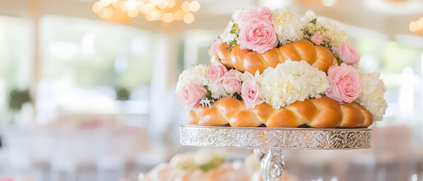 Elegant Challah Bread with Pink Roses and White Hydrangeas Wedding Decoration