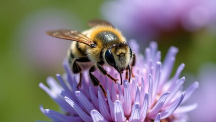 Close up of a bee collecting nectar from a purple wildflower