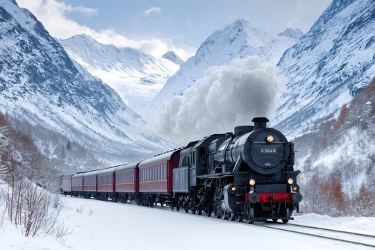 Steam train traveling through snowy mountains in winter