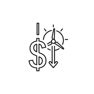 Line art icon for renewable energy cost reduction featuring a dollar sign and wind turbine. Vector Illustrations. EPS Editable