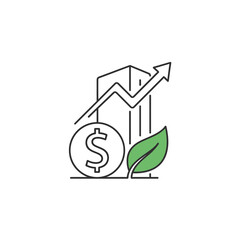 Fototapeta premium Line art icon of sustainable economic growth with dollar coin green leaf and upward arrow chart. Vector Illustrations. EPS Editable