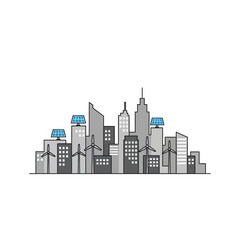 Obraz premium Line art illustration of a sustainable city with grey skyscrapers solar panels and wind turbines. Vector Illustrations. EPS Editable