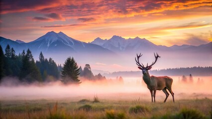 Deer in Misty Meadow at Sunrise with Pink Sky and Mountains