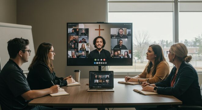 Group of people in a church staff meeting communicating through video conference with parishioners online. Christian community gathering, modern worship and religion concept.