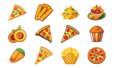 Colorful Cartoon Fast Food Icons Set Featuring Pizza Slices, Fries, Nachos, Tacos, Snacks, and Popcorn for Menu, Restaurant, and Food Delivery Design