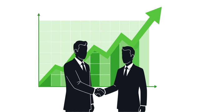 Silhouettes of two businessmen shaking hands in front of a green upward trending financial graph. Vector Illustrations. EPS Editable