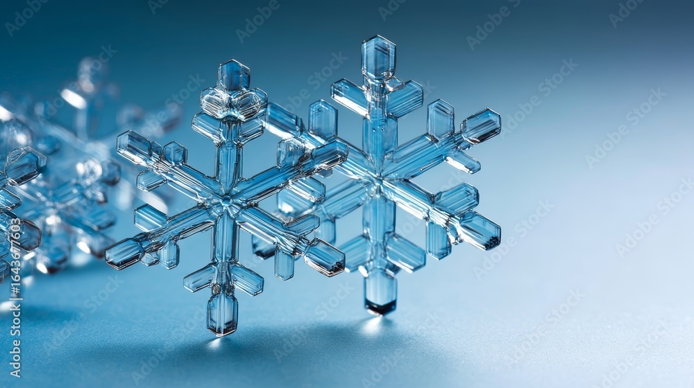 Poster macro photograph of delicate hexagonal ice crystals with intricate symmetry against a soft pale cyan