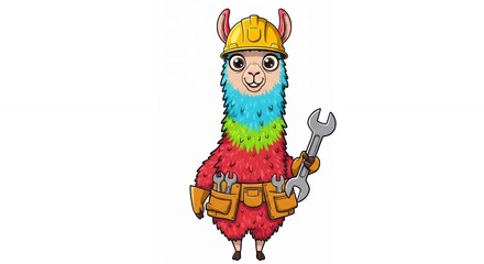 Naklejka premium Cartoon llama construction worker