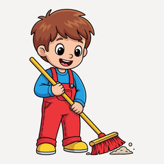 A cheerful young boy, wearing overalls, sweeps the floor with a broom.