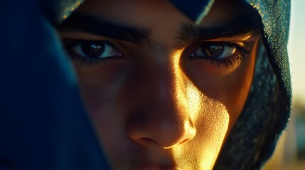 Intense Closeup Portrait Young Man Hooded Mysterious Eyes