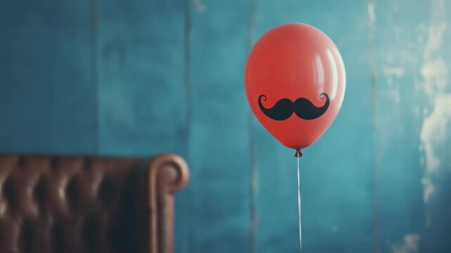 Red balloon with black mustache against blue background near vintage leather chair