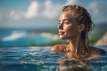 A beautiful woman relaxing in an infinity pool with panoramic ocean views