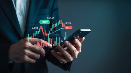 Close up of a businessman using a smartphone to analyze stock market trading charts and financial data with glowing digital overlays