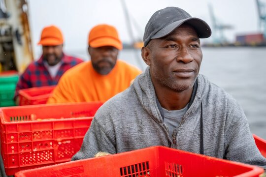 Fishermen holding red crates full of fresh fish on fishing boat