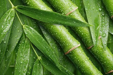 Obraz premium Dew-kissed bamboo stalks and vibrant green leaves interweave, creating a lush, textured backdrop