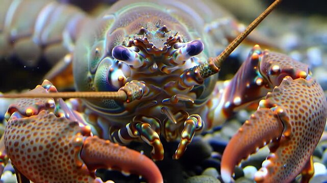 Vibrant Spiny Lobster Close-Up: Detailed Portrait of a Marine Crustacean on Rocky Seabed with Prominent Eyes and Antennae