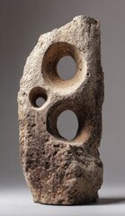 Abstract stone sculpture, rough-hewn, light beige, with three strategically placed circular perforations varying in size, creating a visually intriguing interplay of solid and void