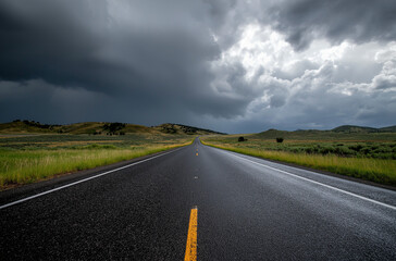 A road leading to the horizon, with dark storm clouds overhead. The sky is filled with black and white hues of rain and thunder, creating an ominous atmosphere. On one side of the asphalt, there is gr