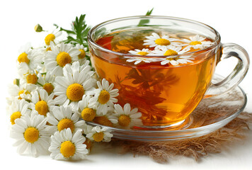 Herbal camomile tea isolated on white background