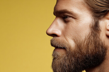 Fototapeta premium photorealistic portrait of bearded man with wellgroomed hair against clean ultrabright yellow background