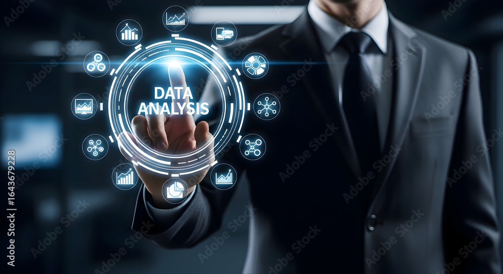 Poster professional in suit interacting with data analysis interface, highlighting business insights