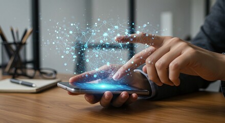 Connecting with technology through digital networks, touching the screen and seeing data come to life in your hands.