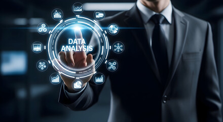 Professional in suit interacting with data analysis interface, highlighting business insights