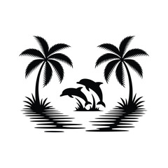 Fototapeta premium Tropical Dolphin Silhouette with Palm Trees Vector