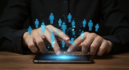 Connecting through technology: A person interacts with a digital network of people using their mobile phone.