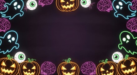 Halloween neon frame with pumpkins, ghosts, eye and brain for invitation card