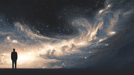Fototapeta premium A silhouetted figure gazes at a stunning cosmic landscape filled with swirling galaxies and stars.