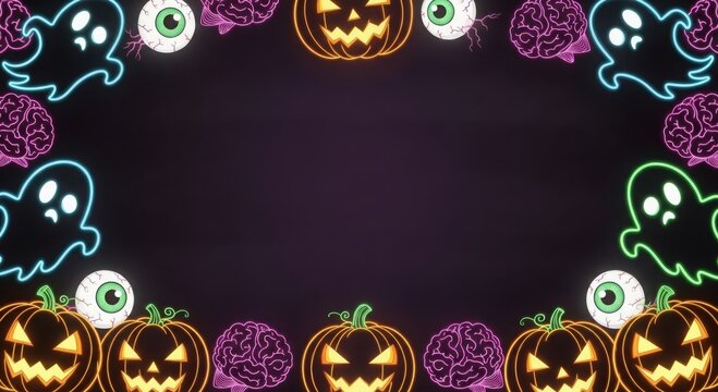 Halloween neon frame with pumpkins, ghosts, eye and brain for invitation card