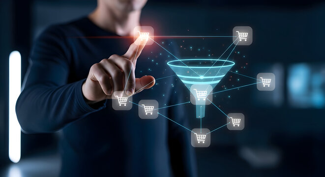 Man interacts with digital sales funnel concept: boost conversions and online marketing