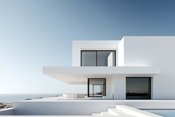 Modern White Architecture Villa Retreat with Coastal View Minimalist Design Luxury Home Sea and Sky Serene Escape