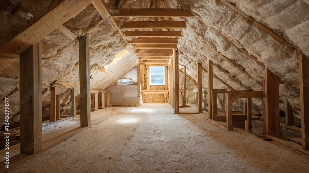 Poster Exploring an Unfinished Attic Space with Exposed Beams and Insulation