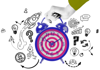 Alarm clock with target pattern held by hand, surrounded by creative and business doodles, isolated on white background, concept of time management